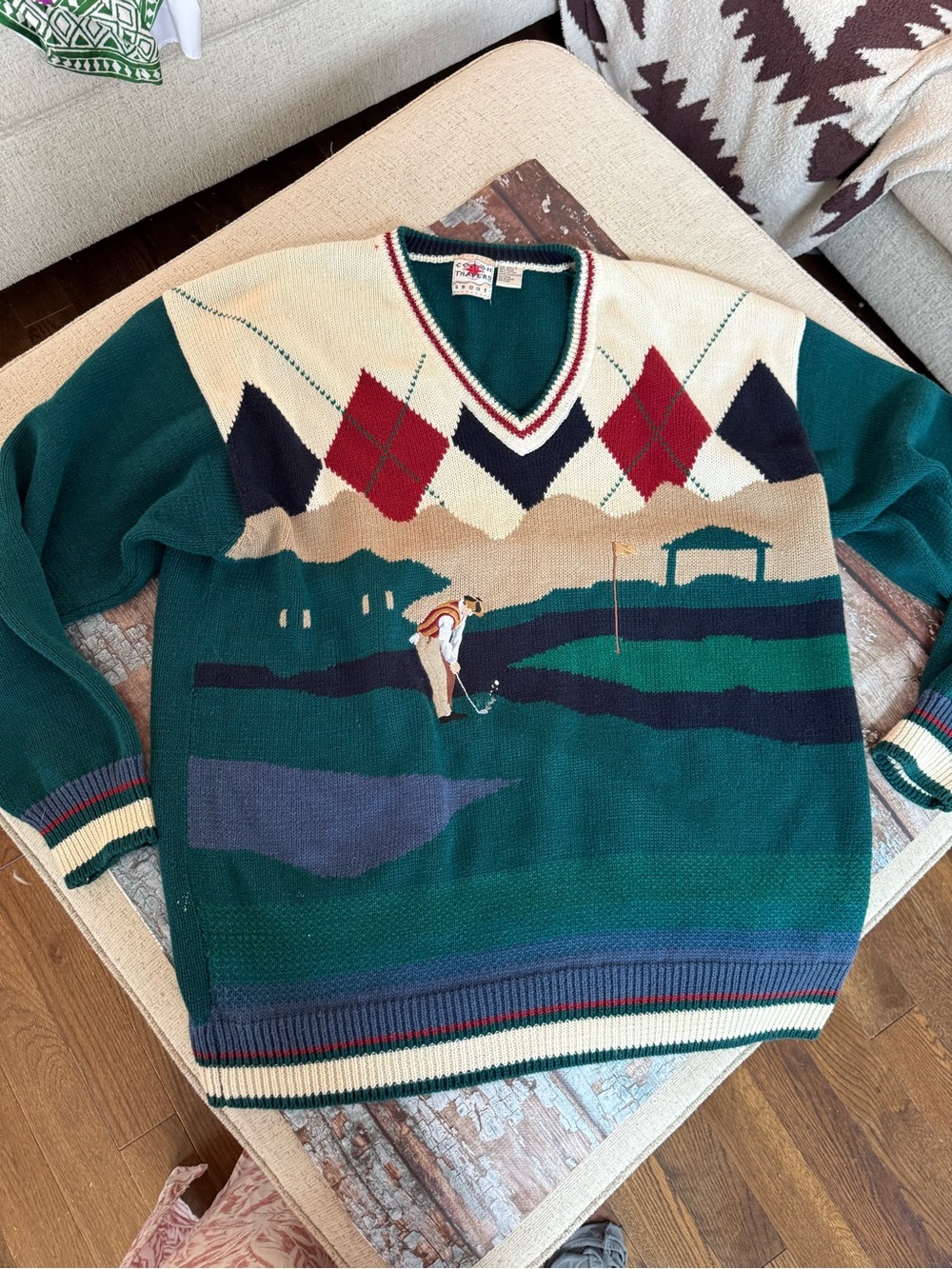Vintage Golf Motif V‑Neck Sweater in Green/Cream/Red by Cotton Traders 2X